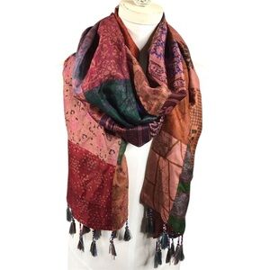 Imported Dubia Silk Multicolored Patchwork Scarf with Beaded Fringe OS